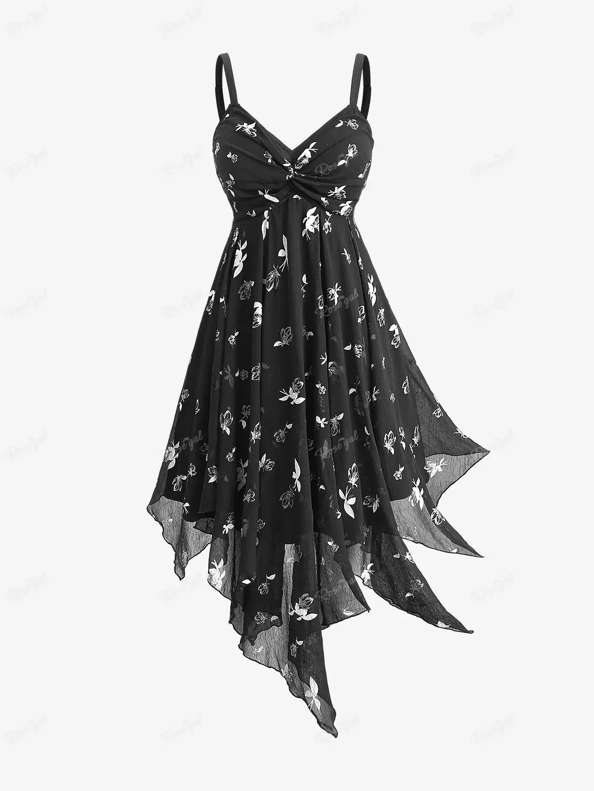ROSEGAL Plus Size Floral Print Ruched Asymmetric Cami Dress Summer Backless Black Adjustable Shoulder Strap Dress Casual Vestido